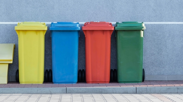 Four coloured recycling bins